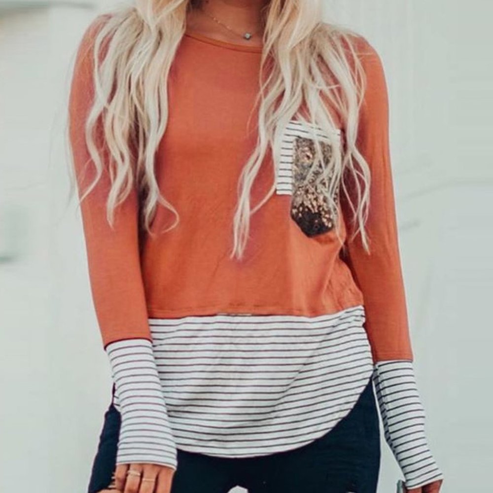 Orange Striped Sequin Pocket Shirt - Picture 4 of 14